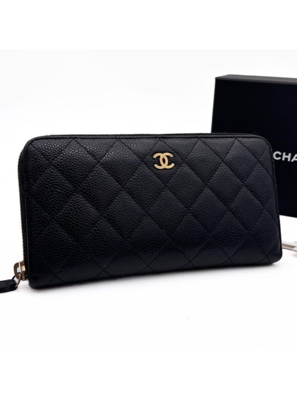 Chanel Quilted Caviar Leather Zip Around Wallet Black